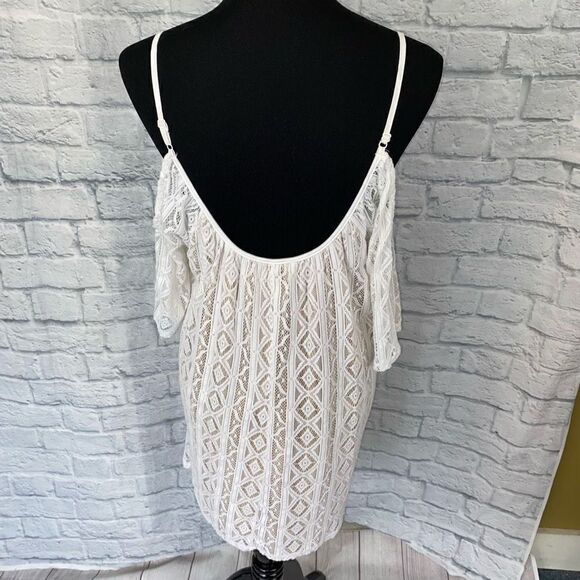 Express women M cold shoulder spaghetti strap white lace dress w/tan lining - Picture 8 of 12
